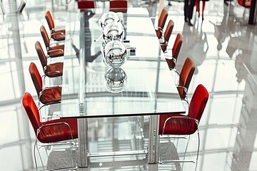 Sticker - Stylish dining area with glass table red chairs and modern decor perfect for social gatherings