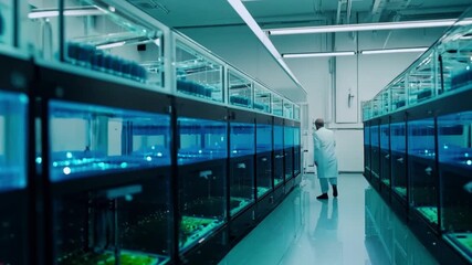 Poster - a scientist in a white lab coat walks down a corridor in a modern research lab, passing rows of glas