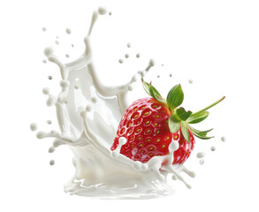 Milk splashing around red strawberry. 
