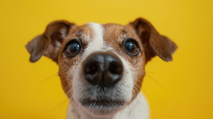 Wall Mural - Curious dog interested in camera Jack Russell Terrier close up portrait on yellow background UNIQUE START Funny pet UNIQUE END