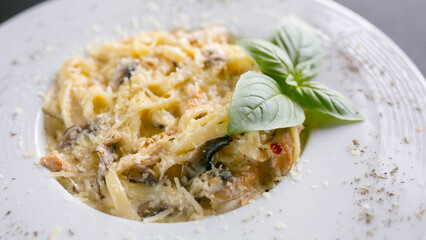 Carbonara with mushrooms, pasta with cream sauce