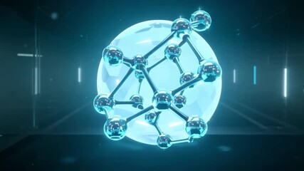 Poster - A futuristic corridor with white lights illuminates a glowing blue molecular structure.
