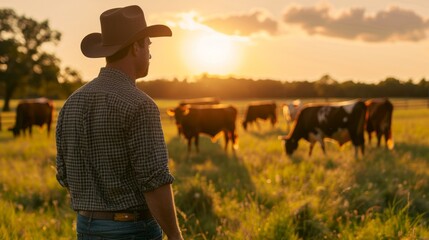 Poster - A man in a cowboy hat stands in a field with cows