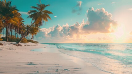 Sticker - Tranquil beach scene with palm trees, turquoise water, and white sand.