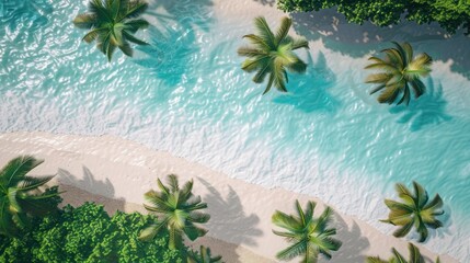 Poster - Overhead view of tropical beach with palm trees and turquoise water.