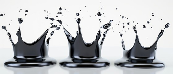 Wall Mural - three black waves of oil paint splash across a white background