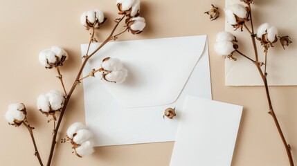 Sticker - Cotton branch on white paper envelope beige background flat lay wedding invite mockup