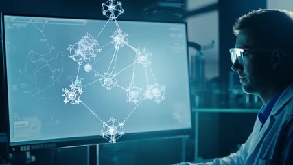 Poster - A man in a lab coat analyzes a network diagram displayed on a large monitor in a dimly lit room.