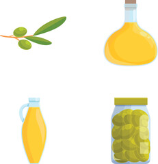 Poster - Olive food icons set cartoon vector. Olive oil and tree branch with fruit. Organic product