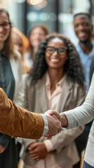 Poster - A group of people are shaking hands, one of whom is wearing glasses