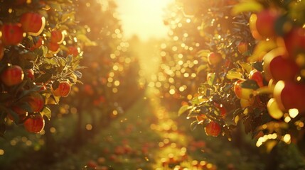 Wall Mural - Golden light shines through an orchard with ripe apples hanging from branches.