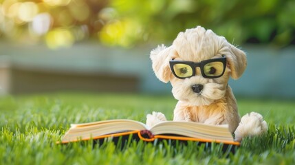 Wall Mural - Dog toy with glasses reading book on grass with vintage style