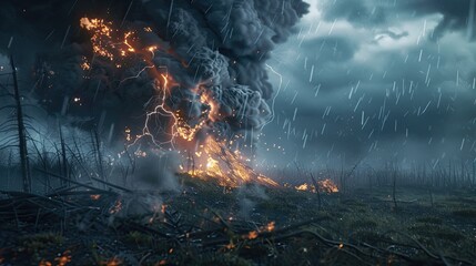 Wall Mural - tornado and lightning storms destroy in plain. natural disasters. climate change