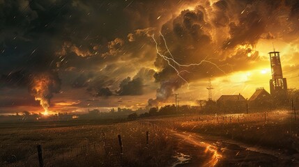 Wall Mural - tornado and lightning storms destroy in plain. natural disasters. climate change