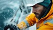 © Vuvimages - A fisherman in vibrant orange gear is seen struggling against the elements on a rugged sea, highlighting the tough and perilous nature of his occupation in turbulent waters.