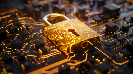 Wall Mural - Golden padlock with integrated electronic circuits, password security technology for fraud prevention and confidential data network
