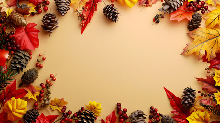 Poster - Frame of colorful red and yellow autumn leaves with cones and rowan berries on trendy beige background. First day of school, back to school, fall concept