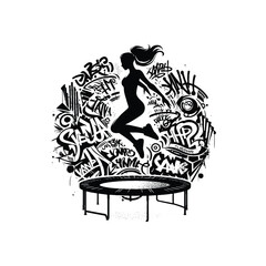 Trampoline sport female player with graffiti tags, street art pattern illustration, emblem shield badge