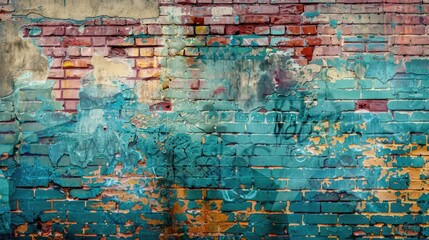 Poster - Aged brick wall with graffiti and paint splatters