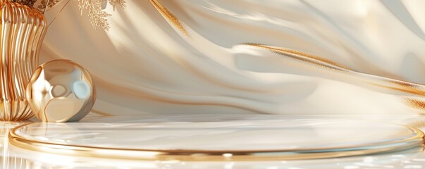 Canvas Print - Gold and White Abstract Product Display with Draped Fabric