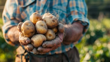 Wall Mural - A man is holding a basket of potatoes