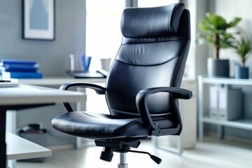 Poster - Modern office chair in sleek black leather set against a bright and professional workspace background