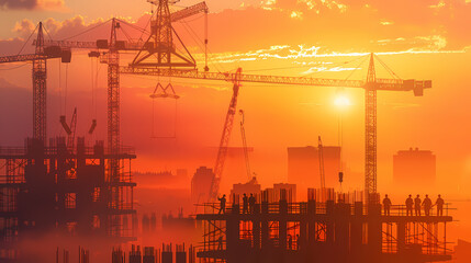 Wall Mural - A group of cranes standing next to each other at a construction site, silhouetted against the sunset sky
