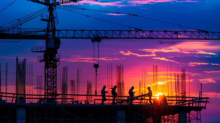 Wall Mural - A group of cranes standing next to each other at a construction site, silhouetted against the sunset sky
