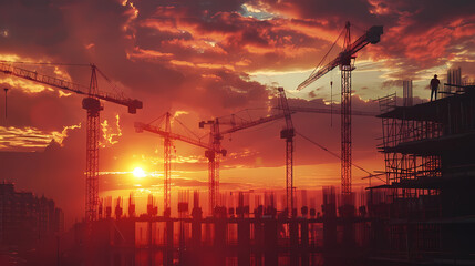 Wall Mural - A group of cranes standing next to each other at a construction site, silhouetted against the sunset sky
