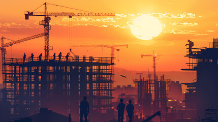 Wall Mural - A group of cranes standing next to each other at a construction site, silhouetted against the sunset sky
