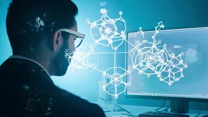 Poster - A man in a suit looks intently at a computer screen displaying a complex network diagram.