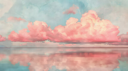 Wall Mural - A surreal painting of fluffy pink clouds floating over a tranquil ocean, pastel colors, and delicate textures