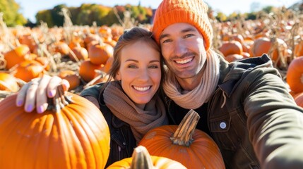 happy couple enjoying autumn pumpkin patch visit