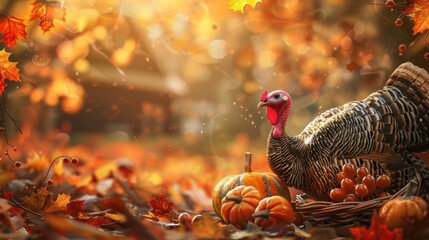 Wall Mural - Thanksgiving turkey with pumpkins and autumn leaves in a festive setting.