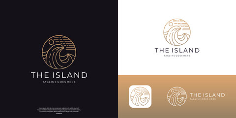 Wall Mural - monoline Beach or coast logo designs,simple sun and ocean shape vector illustration.