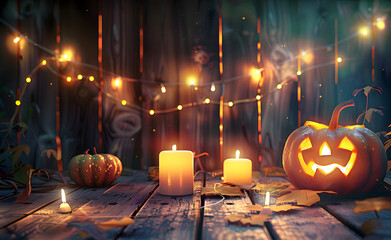 Poster - Halloween - Jack O' Lanterns - Candles And String Lights On Wooden Table