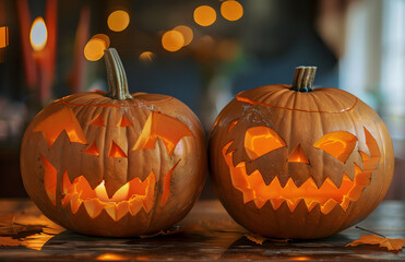 Wall Mural - close up of carved halloween pumpkins on table