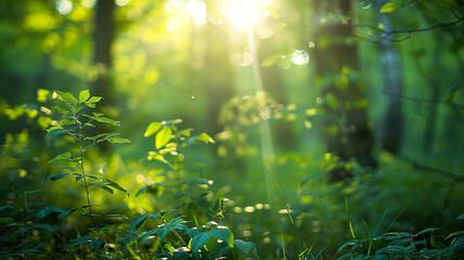 Wall Mural - A lush green forest with sunlight shining through the trees.