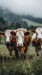 Poster - Three cows standing in a field with a cloudy sky in the background