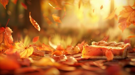 Wall Mural - A slice of pumpkin pie rests on a bed of autumn leaves in the warm glow of a setting sun.