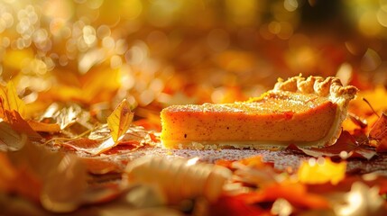 Canvas Print - A slice of pumpkin pie sits on a bed of autumn leaves, bathed in warm sunlight.