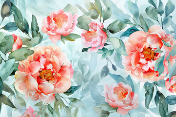 Wall Mural - A watercolor painting of a flower garden with pink flowers and green leaves.