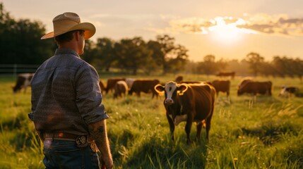 Poster - A man in a cowboy hat stands in a field with cows