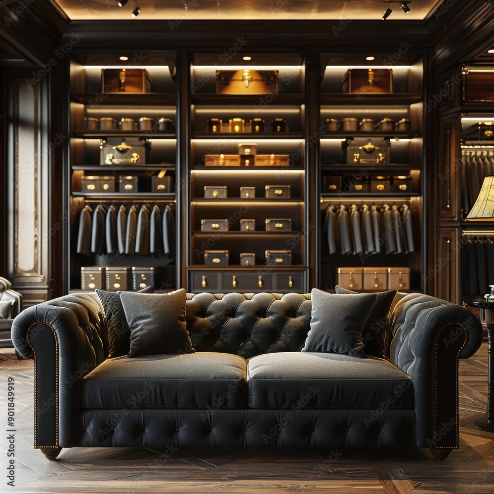 Classic chesterfield sofa standing in a luxurious walk in closet with ...