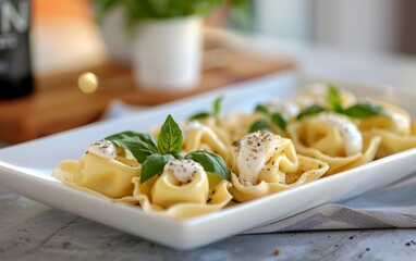 Wall Mural - Creamy Basil Tortellini on White Plate