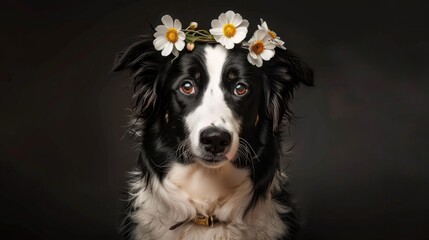 Wall Mural - Portrait of Border Collie dog with flower headband on dark background