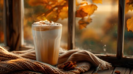 Wall Mural - A warm glass of coffee with cinnamon and whipped cream, on a cozy knitted blanket, next to a window.