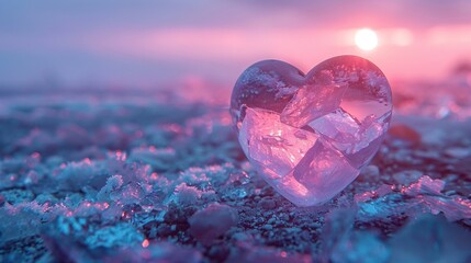 Wall Mural -   A heart-shaped ice cube atop an icy field with the sun in the backdrop