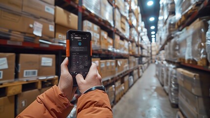 Poster - worker using mobile device for inventory management in warehouse aisle during daytime
