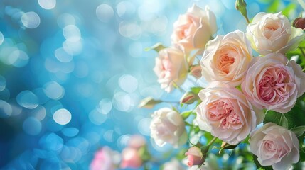 Poster - Pink and white roses on blue bokeh backdrop